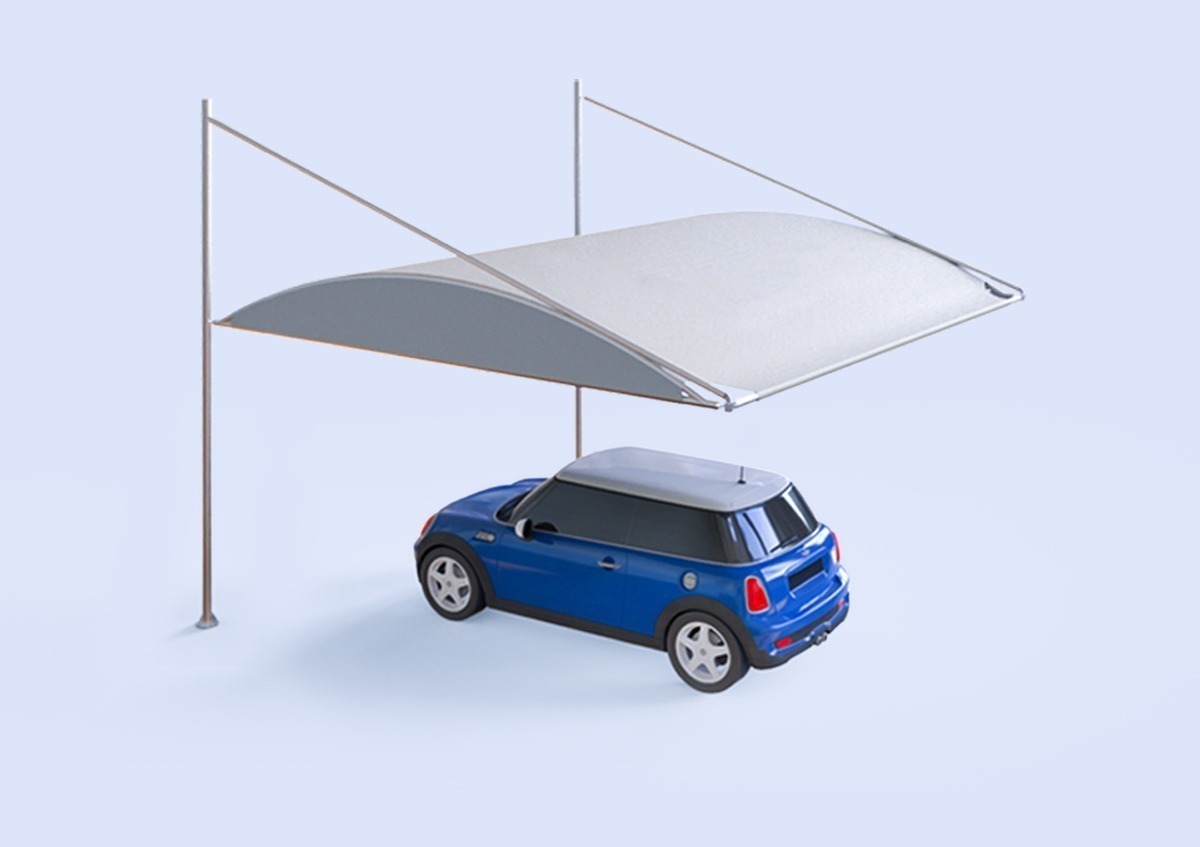 cantilever car parking shade UAE - car parked under a cantilever car parking shade - Cantilever Car Parking Shade Alfares International Tents