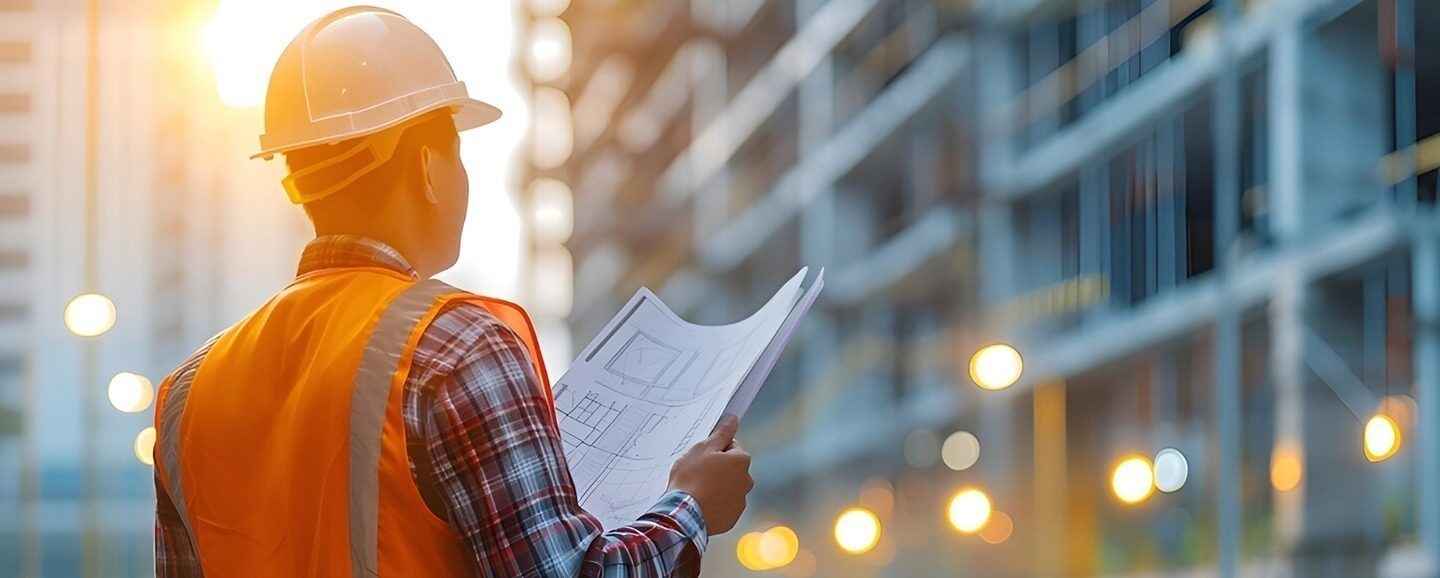 اتصل بالفارس العالمية للخيام الإمارات - مهندس واقف مع مخطط تصميم لتخطيط موقع الخيمة - خلفية نموذج اتصل بنا - الفارس العالمية للخيام