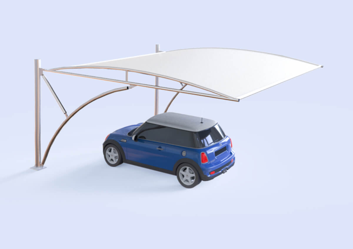 dual base car parking shade UAE - car parked under a dual base car parking shade - Dual Base Car Parking Shade - Alfares International Tents