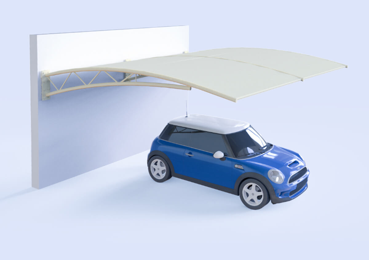 wall mounted parking shade UAE - car parked under a wall mounted parking shade - Wall Mounted Parking Shade - Alfares International Tents