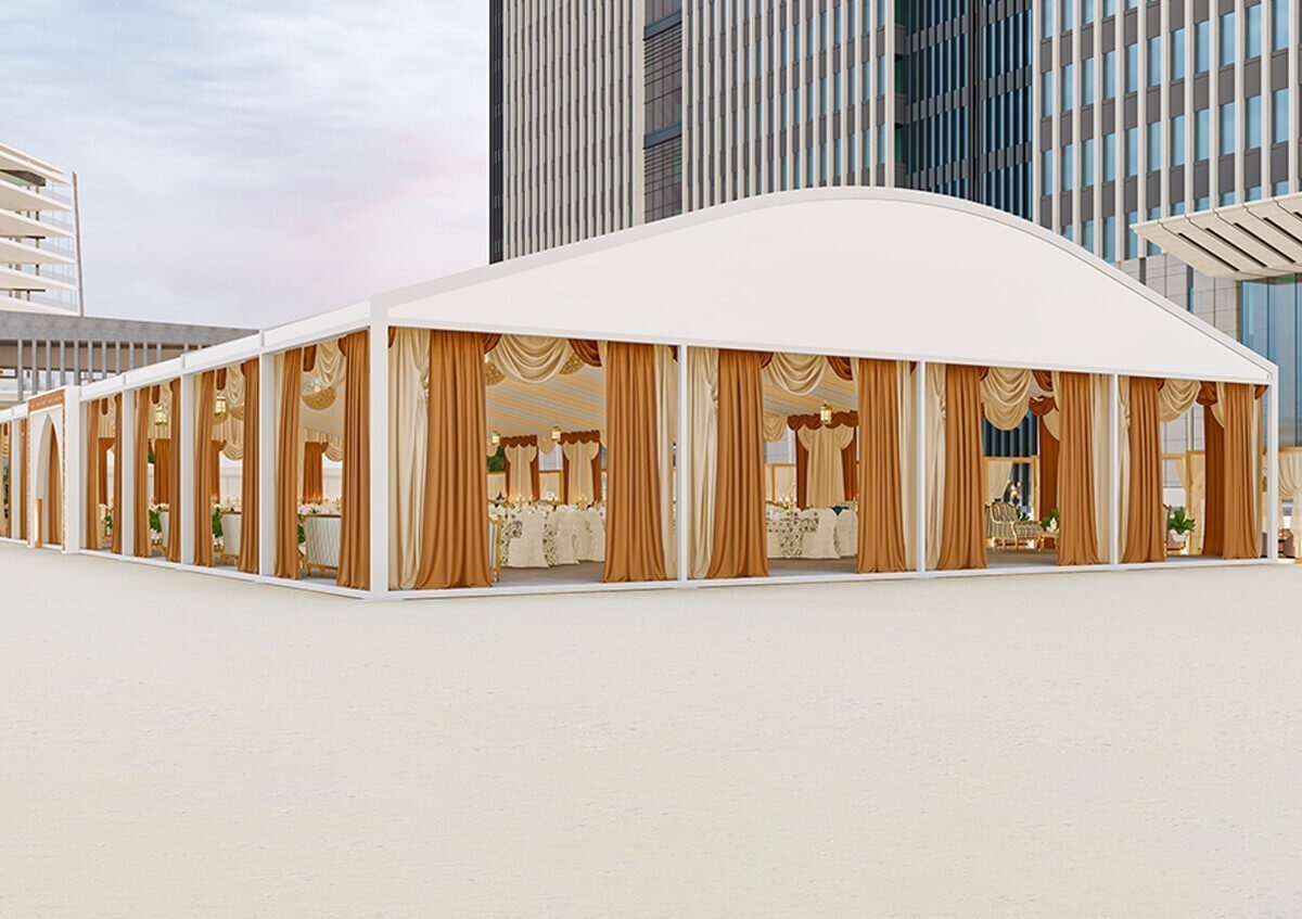 wedding marquee UAE - Arch tent with elegant decoration for wedding ceremony - Wedding Marquee - Alfares International Tents