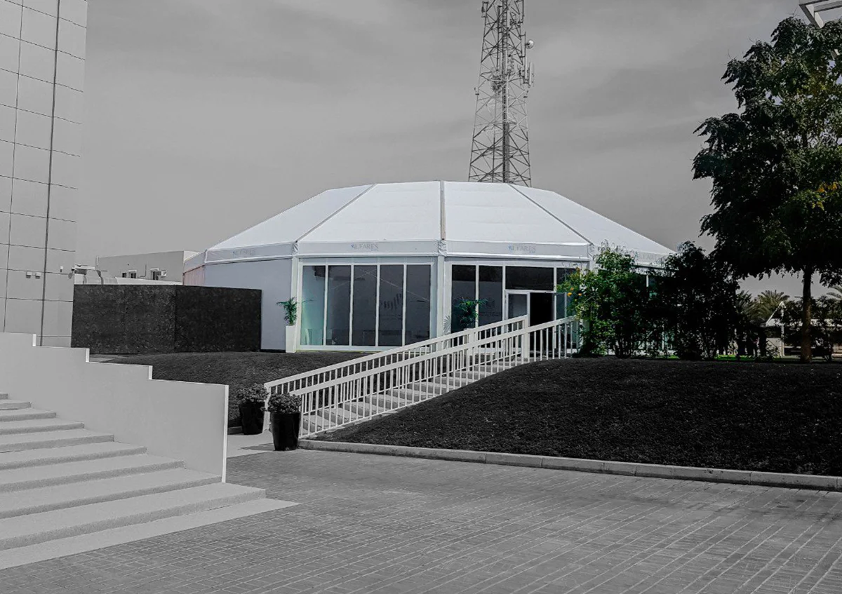 Diamond tents UAE - Exterior view of Diamond tents with glass panels - Diamond Tent Exterior - Alfares International Tents