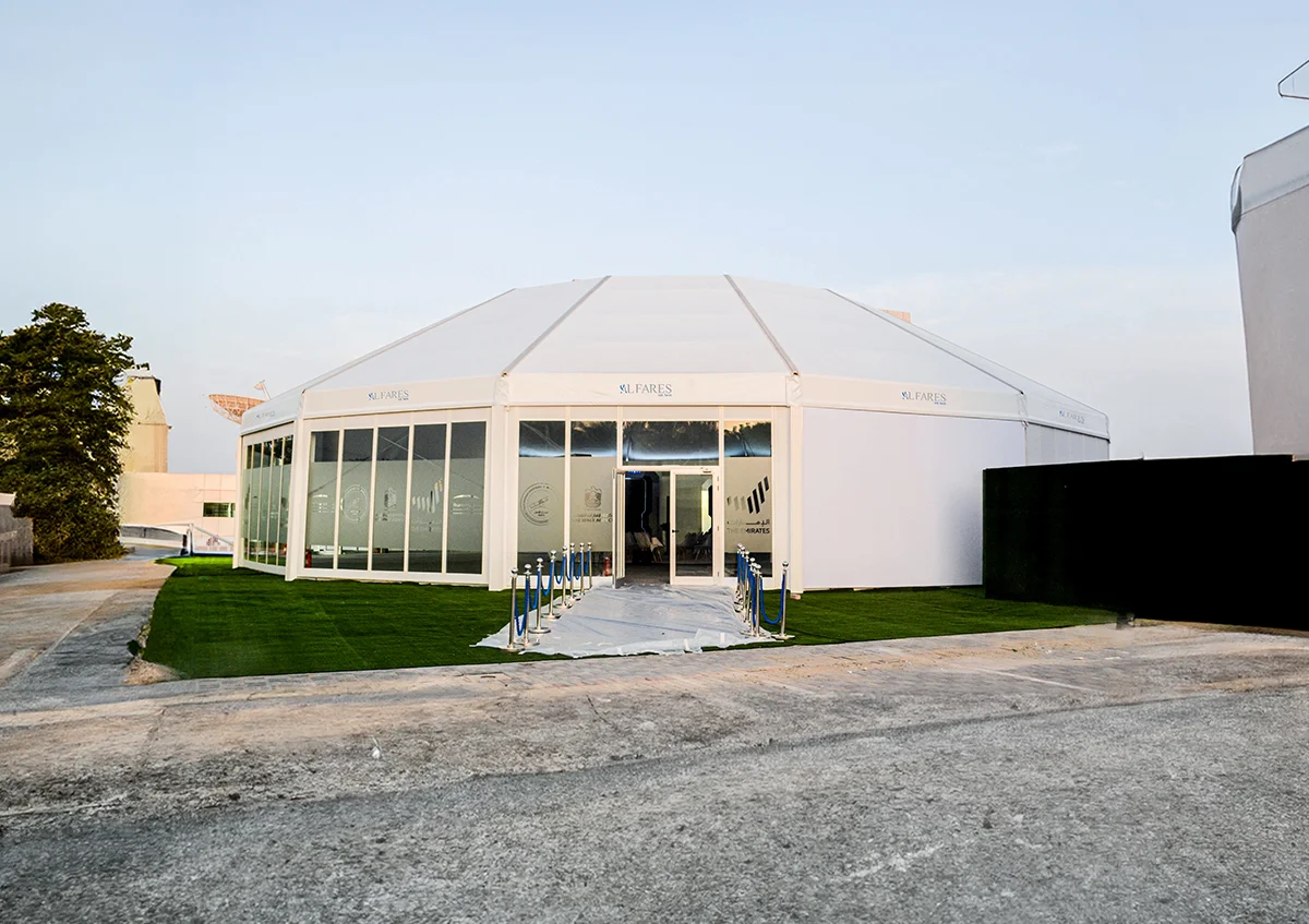 Diamond tents UAE - Exterior view of Diamond tents with glass panels - Diamond Tent Exterior - Alfares International Tents