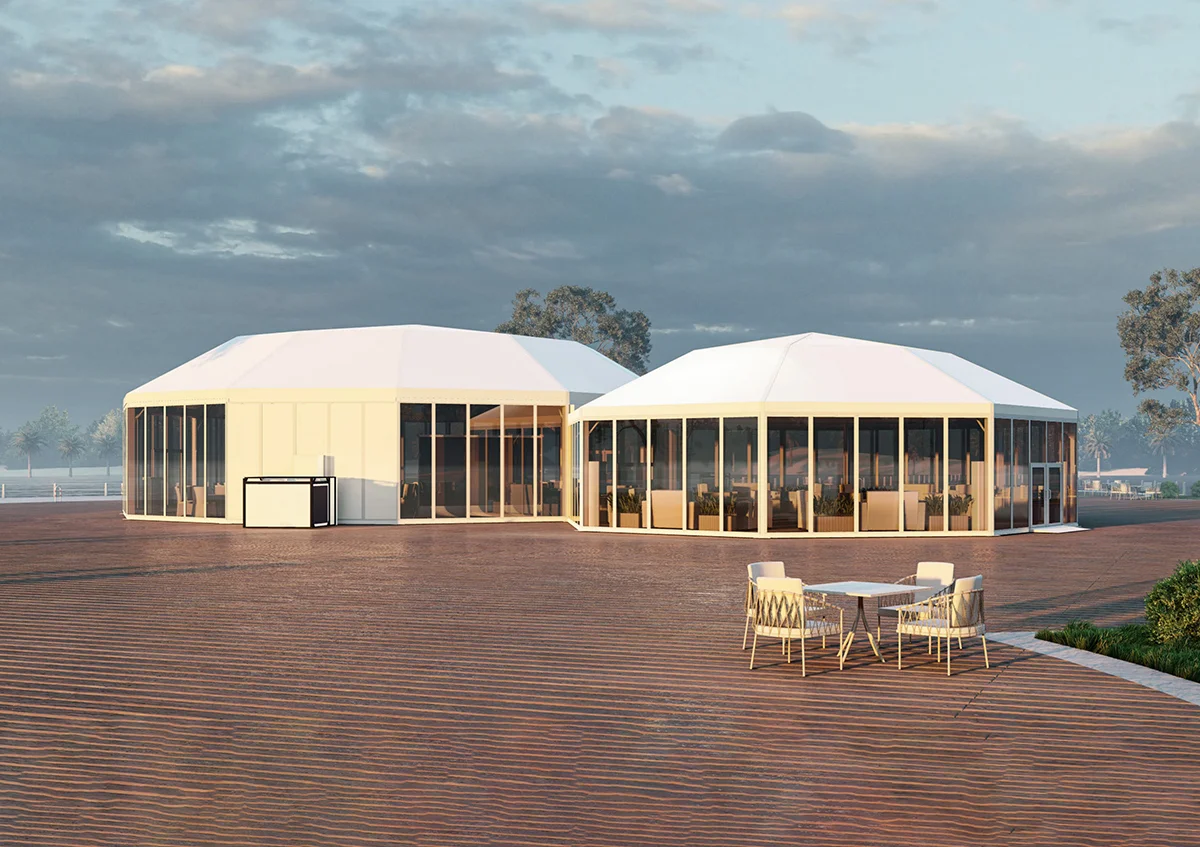 Diamond tents UAE - Exterior view of Diamond tents with glass panels - Diamond Tent Exterior - Alfares International Tents