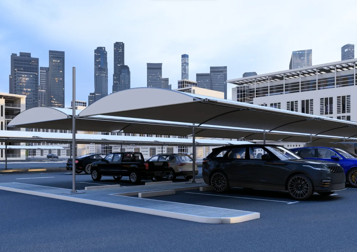 double-sided car parking shade UAE - cars parked under a double sided car parking shade - Double Sided Car Parking Shade - Alfares International Tents