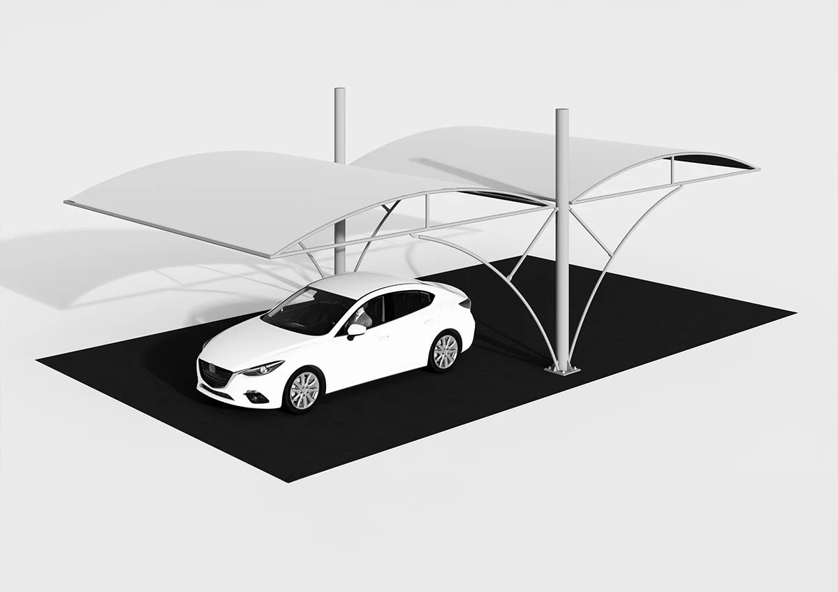 double-sided car parking shade UAE - car parked under a double sided car parking shade with dual base - Double Sided Car Parking Shade - Alfares International Tents