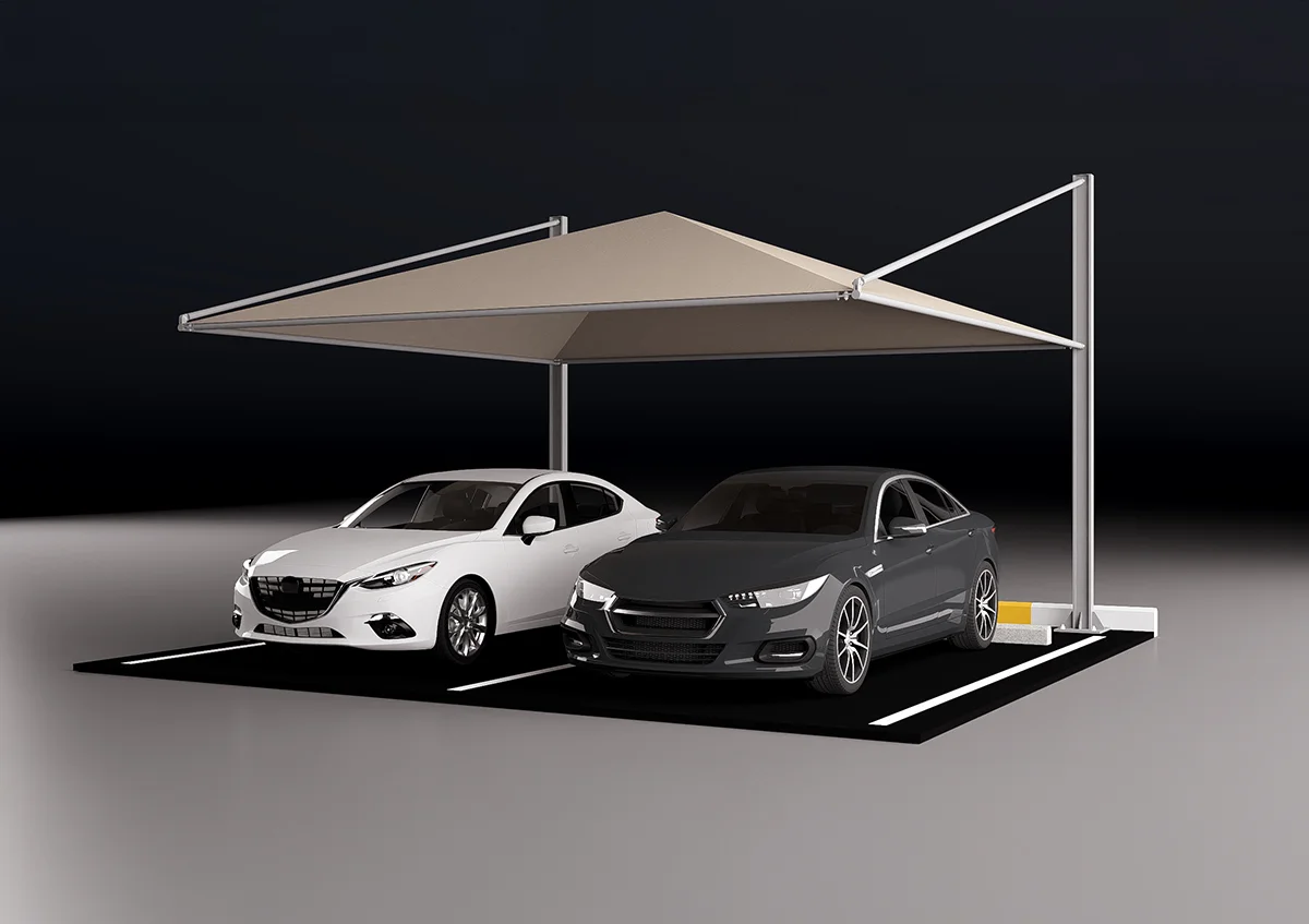 pyramid car parking shade UAE - cars parked under pyramid car parking shade - Pyramid Parking Shade - Alfares International Tents