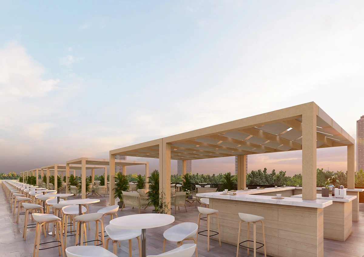 terrace tents UAE - Wooden frame structures on the top of building with lounge areas - Terrace Tent Alfares International Tents