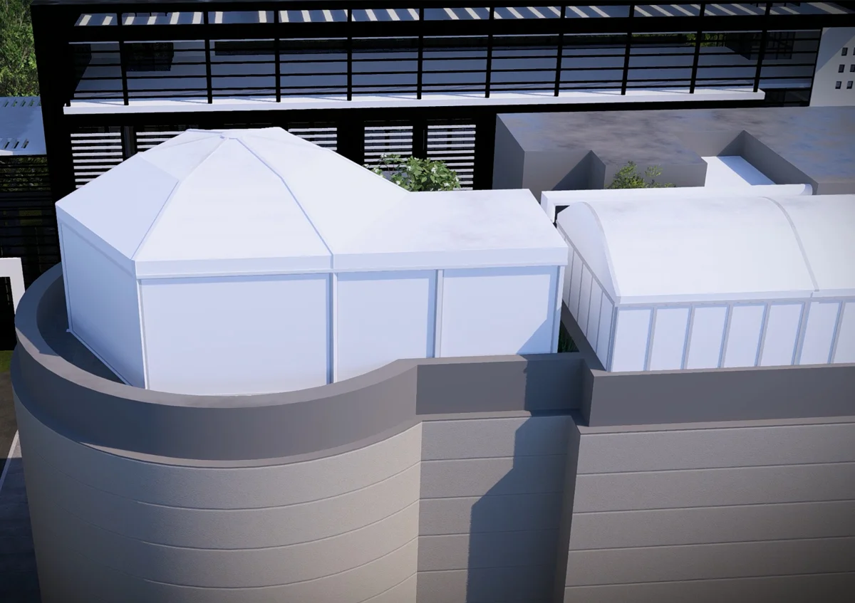 terrace tents UAE - Diamond and Arch tents on the top of building - Terrace Tent Alfares International Tents