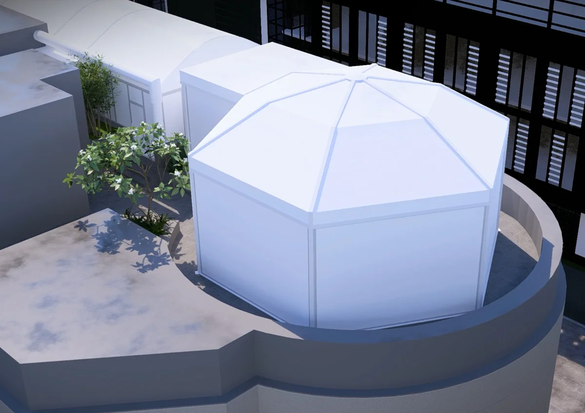 terrace tents UAE - Diamond and Arch tents on the top of building - Terrace Tent Alfares International Tents