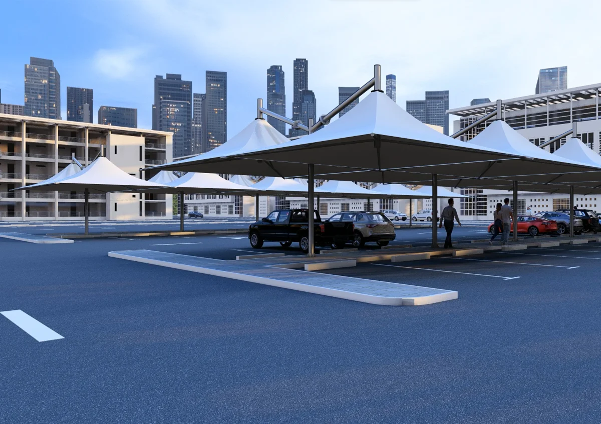 umbrella design car parking shade UAE - Parking lot with several cars under umbrella design car parking shade. Urban skyline in the background with modern buildings. Evening ambiance, calm and orderly. - Umbrella Design Car Parking Shade - Alfares International Tents