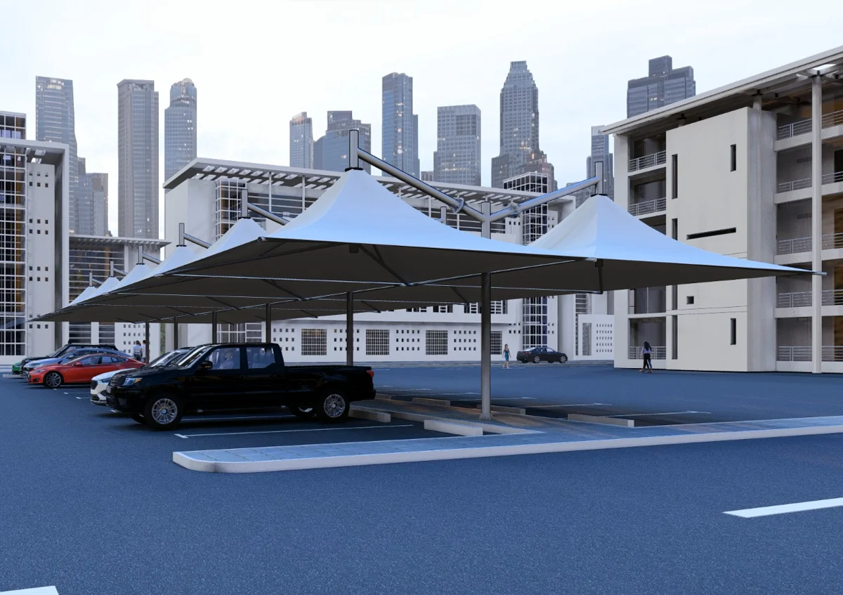 umbrella design car parking shade UAE - Parking lot with several cars under umbrella design car parking shade. Urban skyline in the background with modern buildings. Evening ambiance, calm and orderly. - Umbrella Design Car Parking Shade - Alfares International Tents