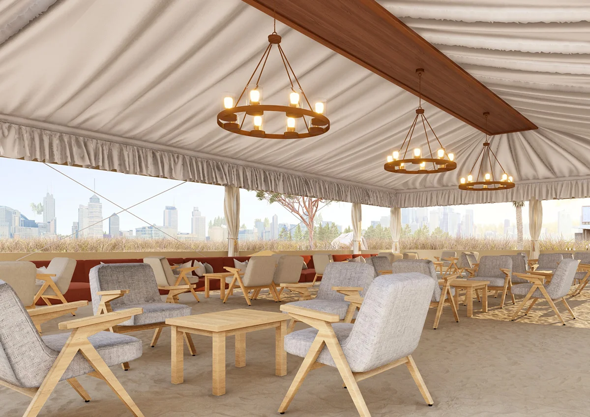 خيمة المجلس في الإمارات - خيمة مجلس مفتوحة مع أثاث فاخر - خيمة المجلس - الفارس العالمية للخيام