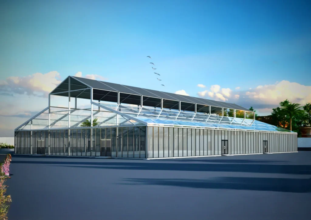 garden tents - structure with transparent glass panels and PVC fabric - Garden Tents: Elegant Outdoor Structures Built for Performance - Alfares International Tents