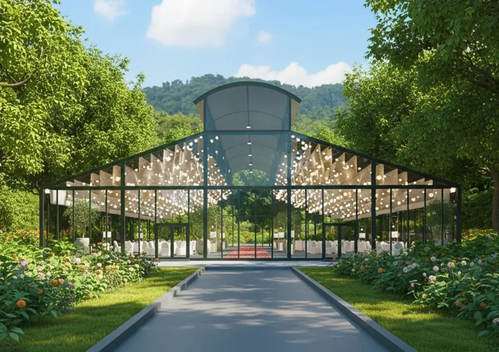 garden tents - structure with transparent glass panels and PVC fabric - Garden Tents: Elegant Outdoor Structures Built for Performance - Alfares International Tents