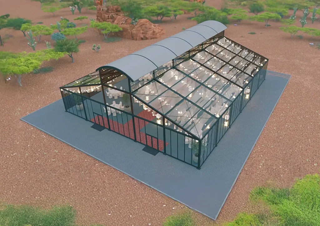 garden tents - structure with transparent glass panels and PVC fabric - Garden Tents: Elegant Outdoor Structures Built for Performance - Alfares International Tents