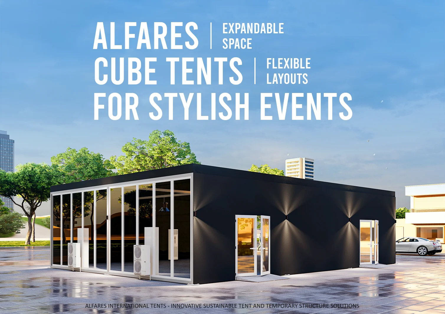 Alfares Cube Tent - Cube tent with black branding - Alfares Cube Tents: Contemporary Spaces for Stylish Events - Alfares International Tents