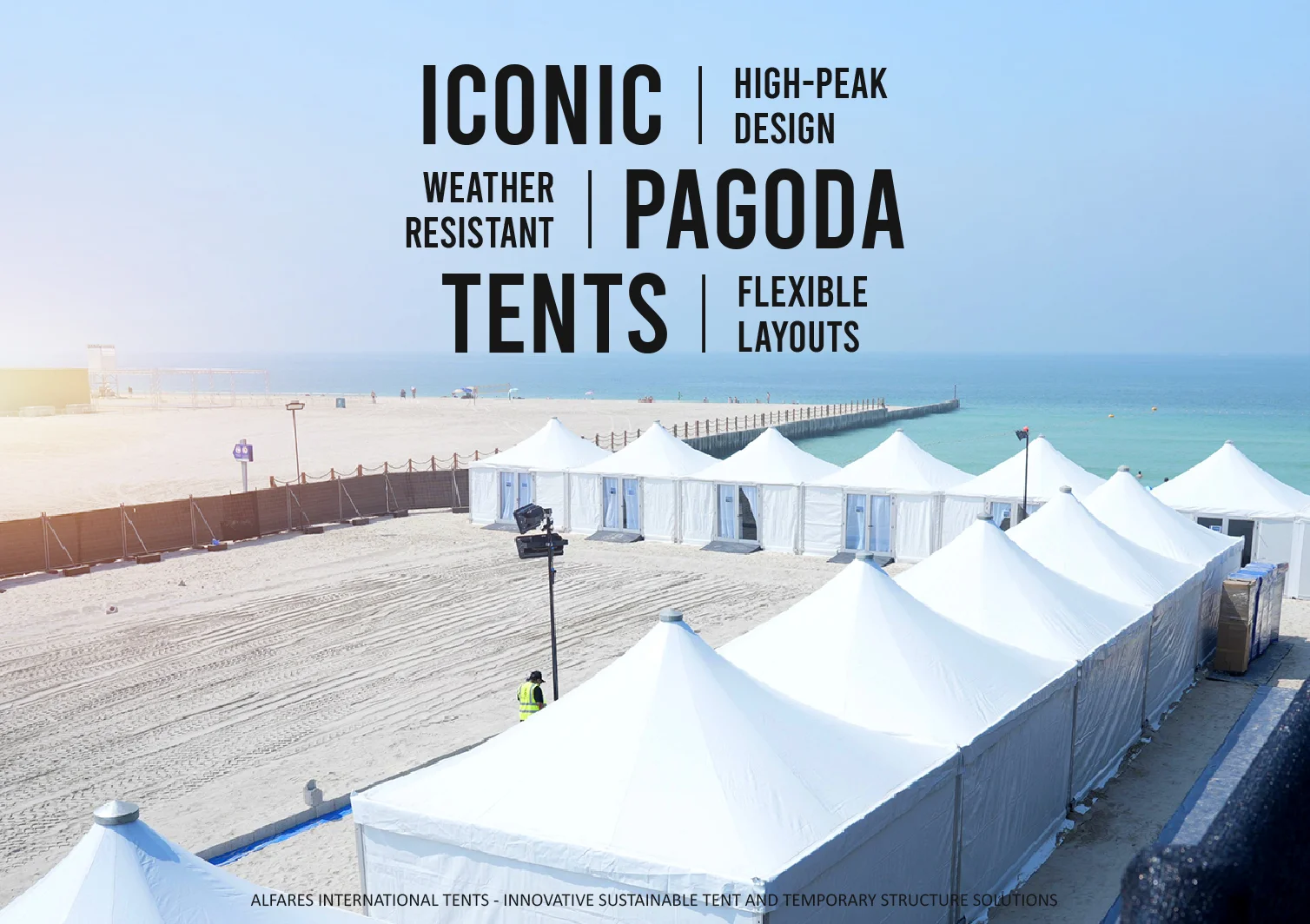 Pagoda Tent UAE - Pagoda tents on the beach - Pagoda Tent in UAE: A Stylish and Practical Event Structure for Modern Outdoor Spaces - Alfares International Tents