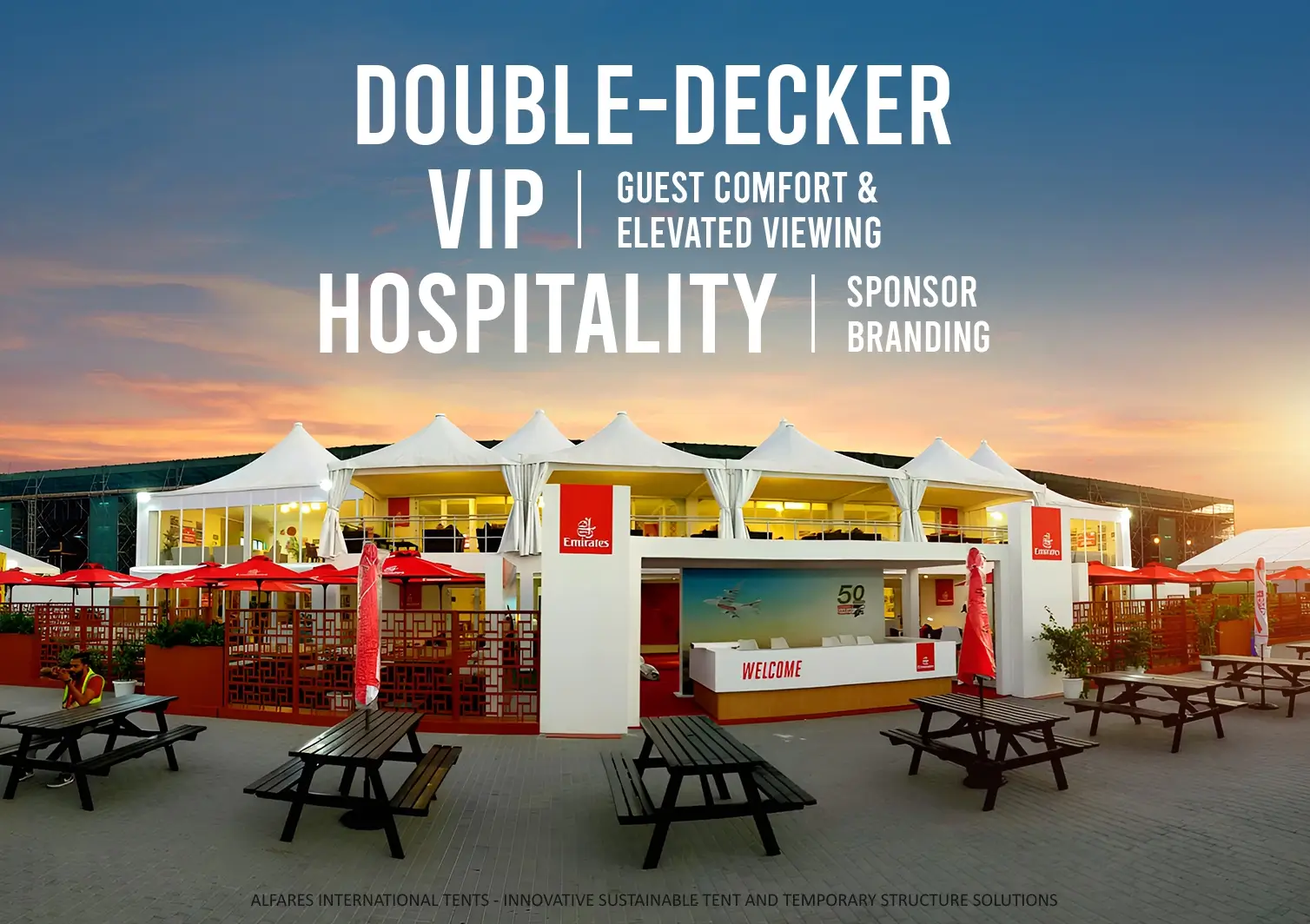 Double-Decker Tents for Sports Events - Double Decker Pagoda Tent with evening view - How Double-Decker Structures Elevate VIP Experiences at Sports Events - Alfares International Tents
